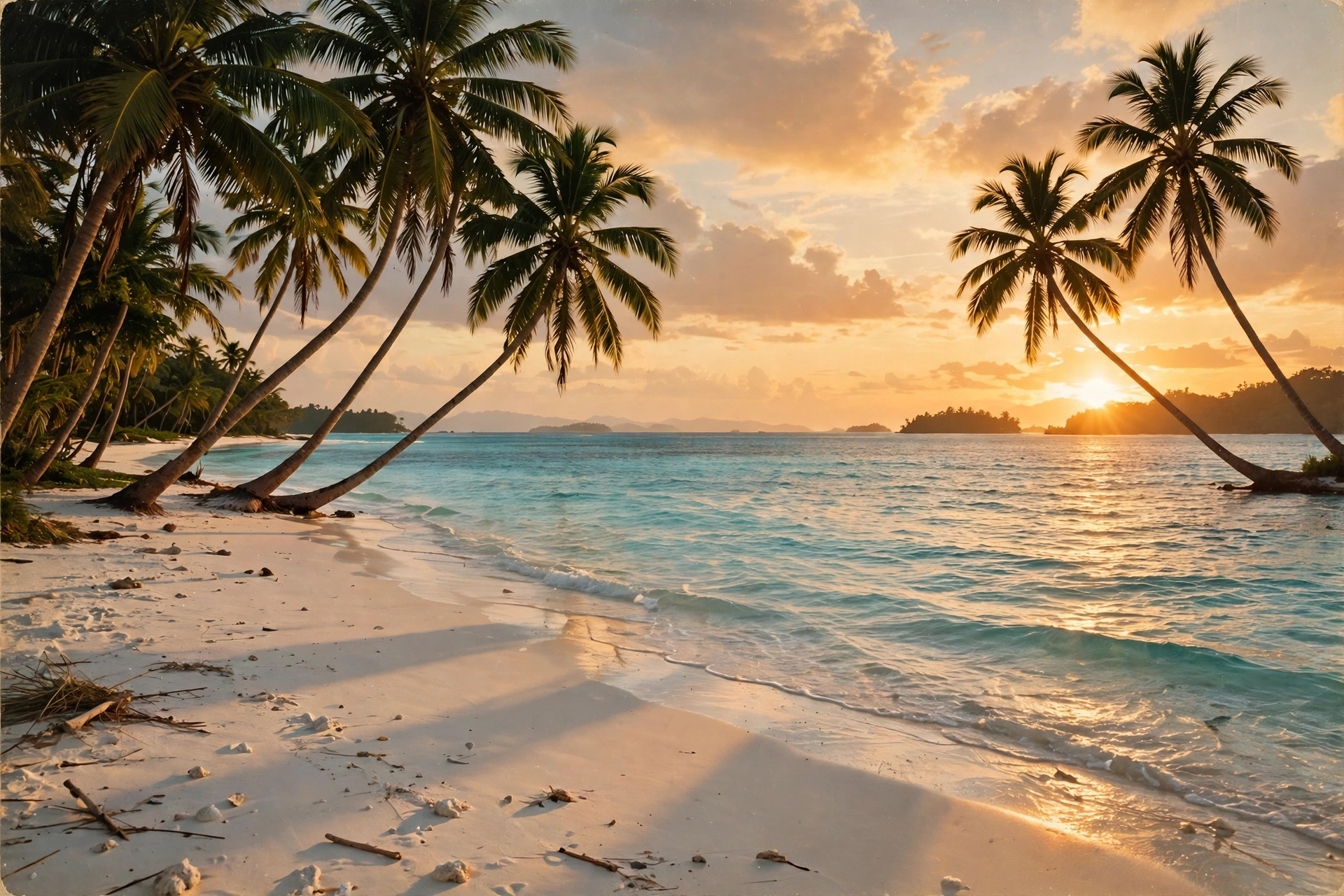 Palm trees leaning over white sand and turquoise water at sunset