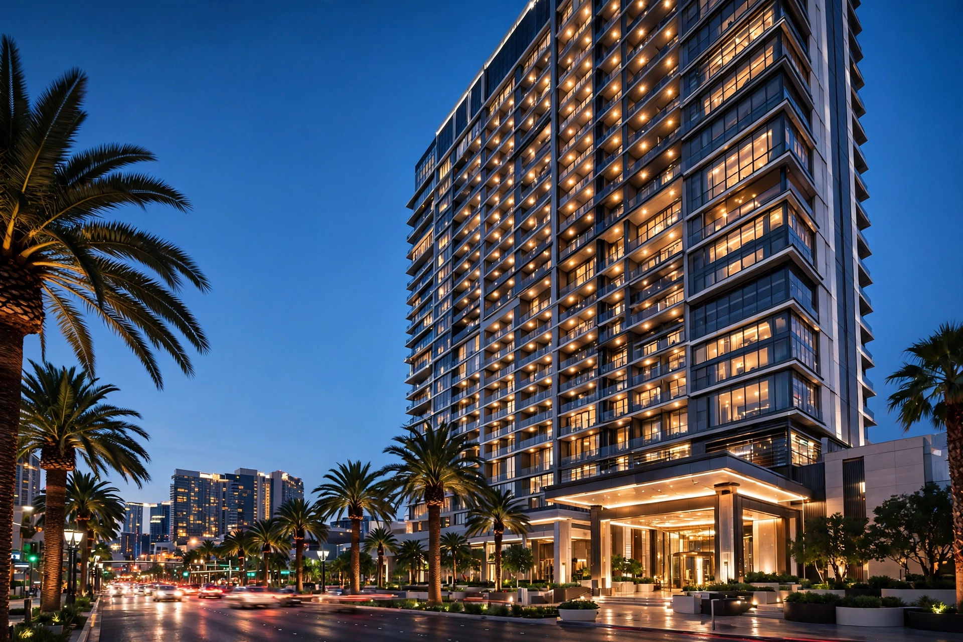 A modern city hotel tower with warm lit windows at dusk