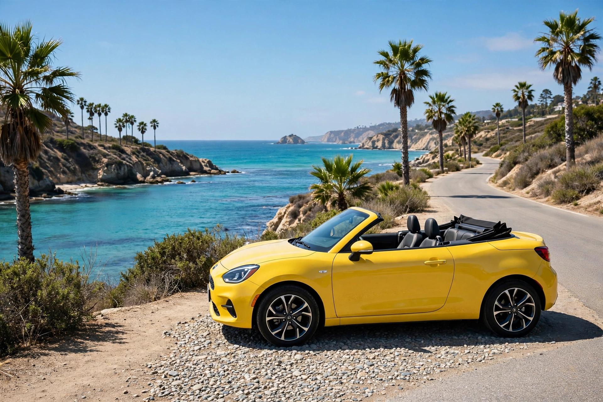 A convertible rental car on a coastal road beside turquoise water