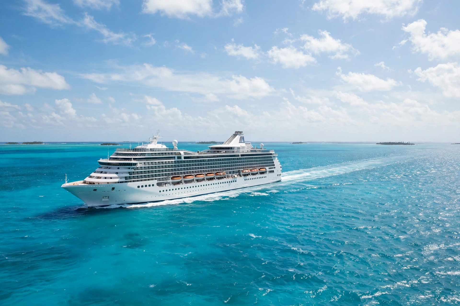 A cruise ship sailing through bright turquoise Caribbean water