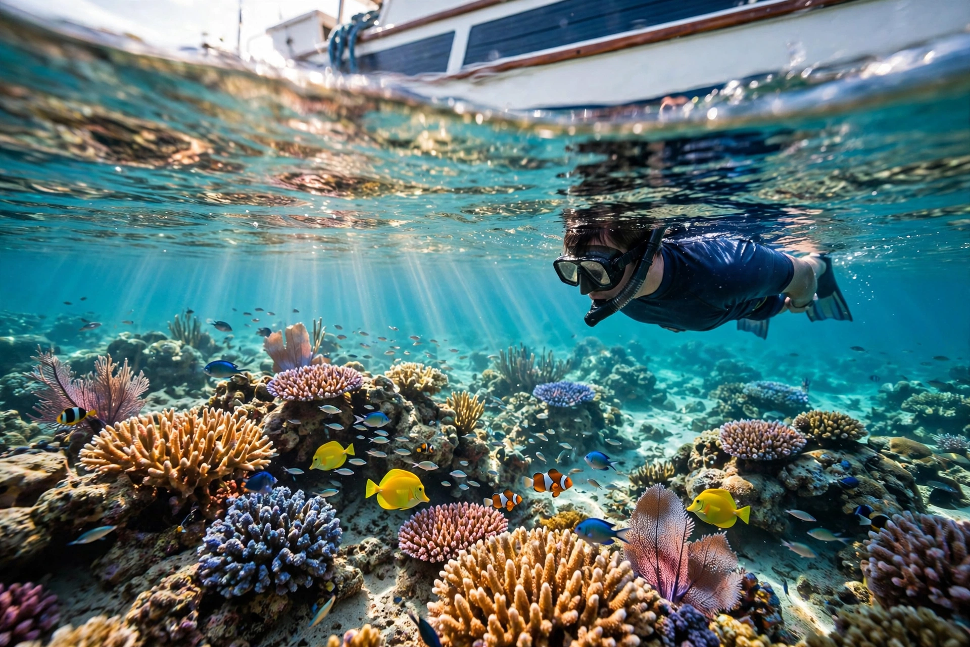 A snorkeler over a coral reef in clear turquoise water