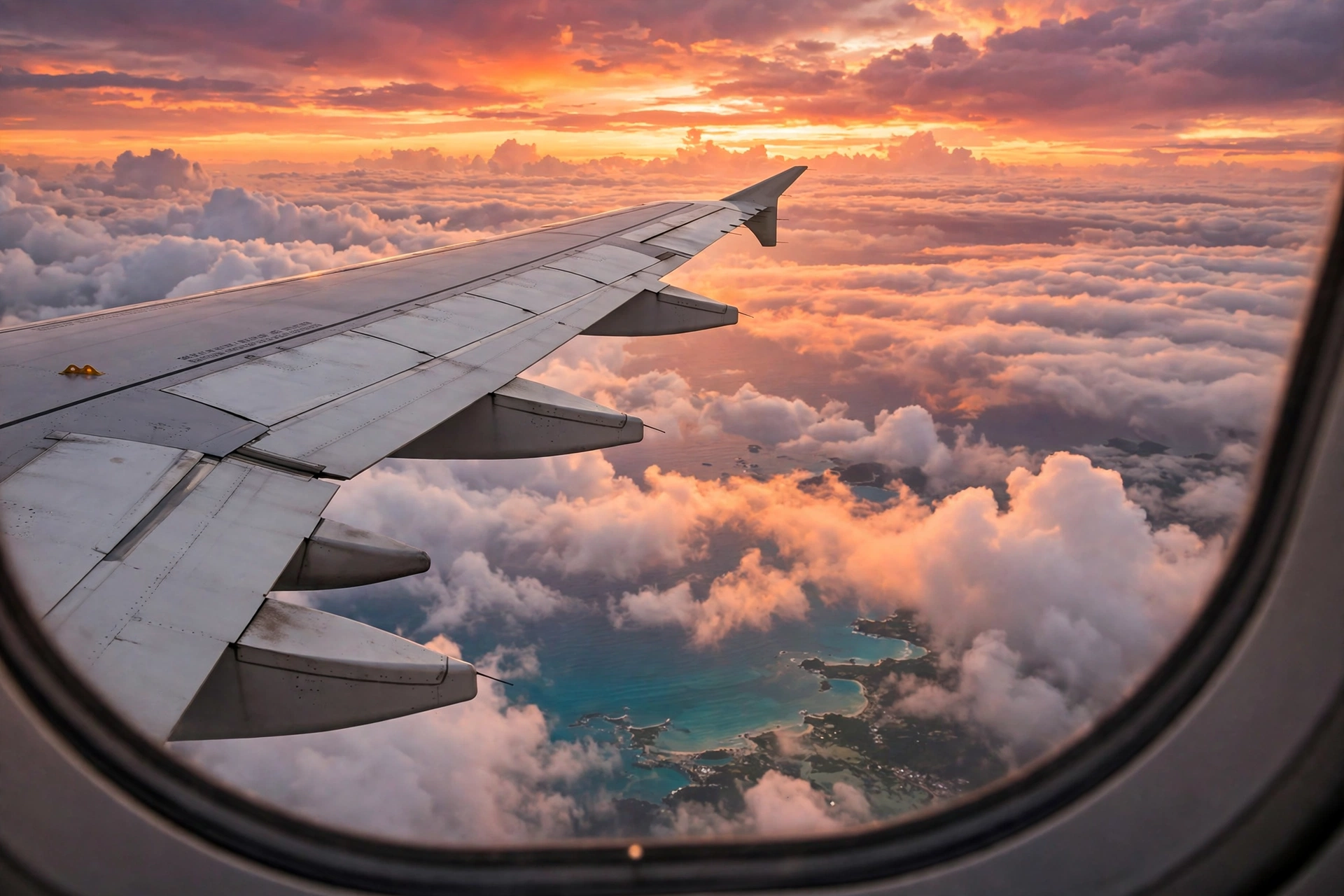 An airplane wing over clouds and coastline at sunset