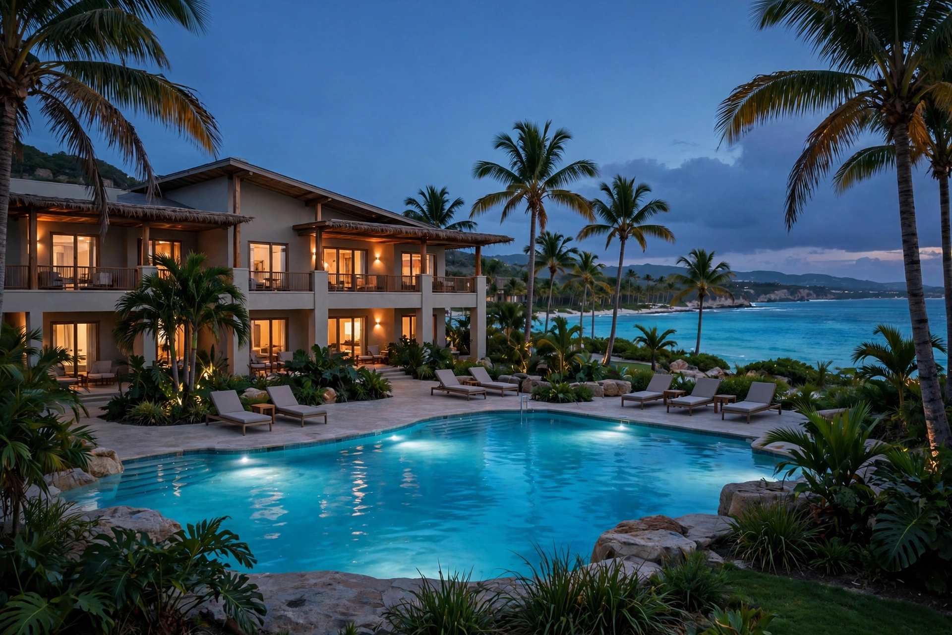 A beach resort hotel with a glowing pool and palm trees at dusk