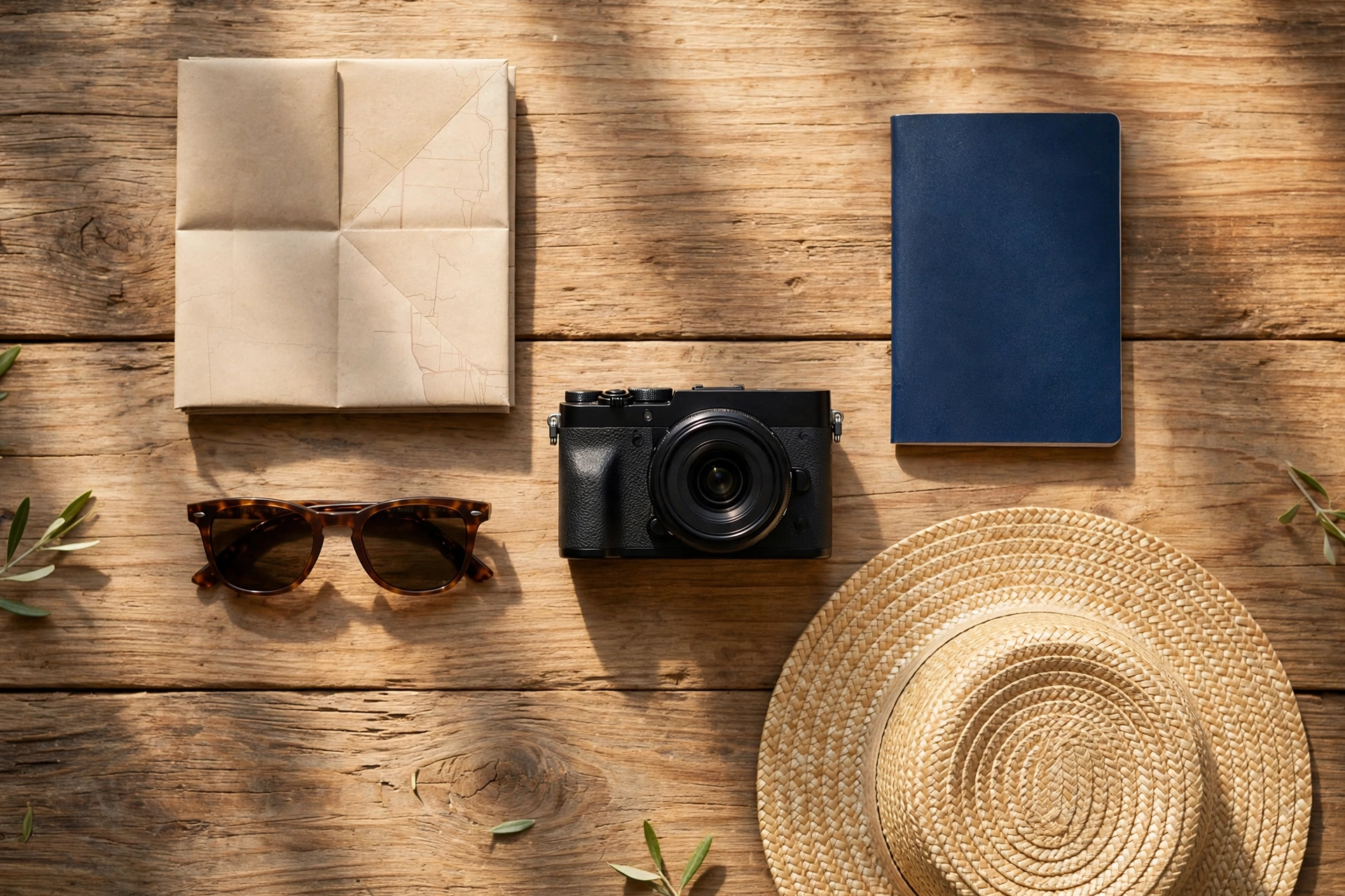 A passport, camera, sunglasses and beach hat laid out on a wooden table