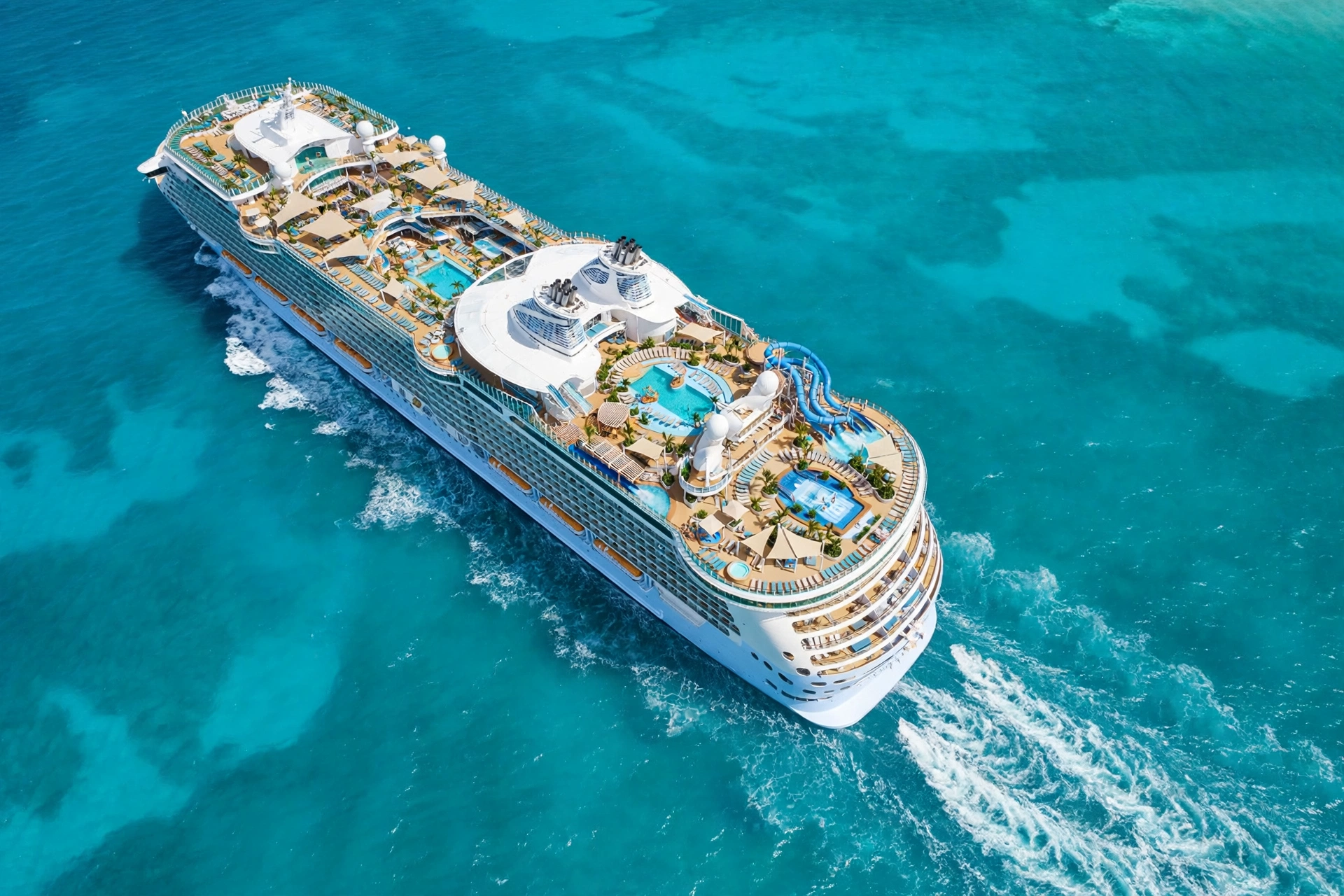 Aerial view of a mega cruise ship with pool decks in turquoise water