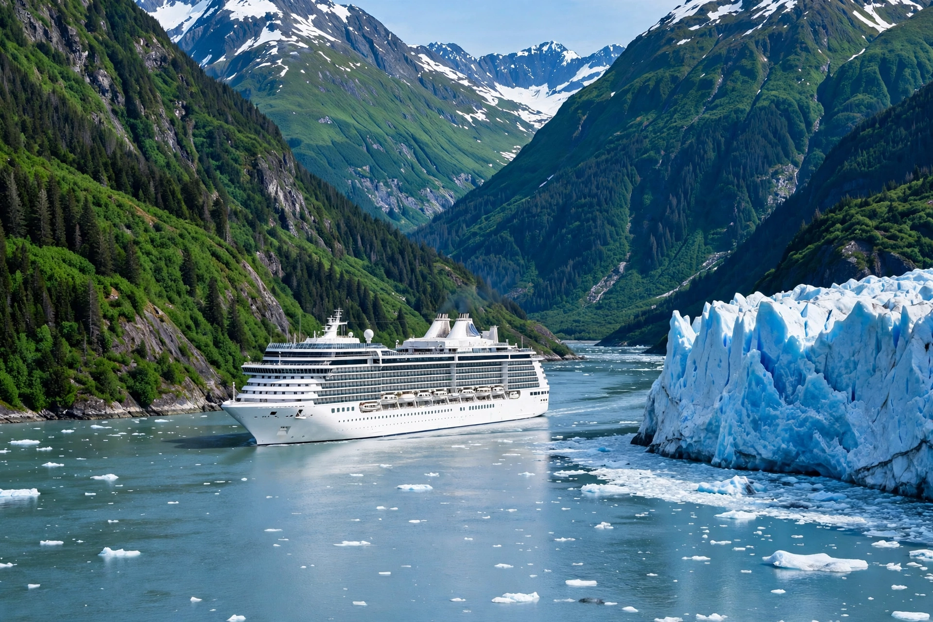 A cruise ship sailing through an Alaska fjord past a glacier