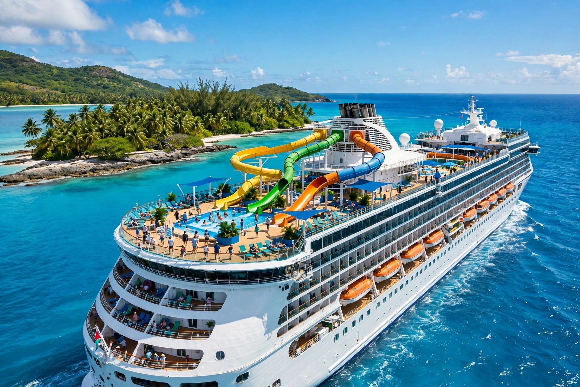 A family cruise ship with colorful waterslides sailing past a tropical island